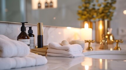 Stylish bathroom accessorized with luxurious towels and scented candles