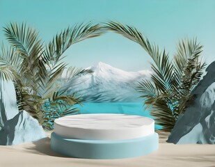 Empty space podium stage with white floor nature decoration and mountain ocean view 3d image render