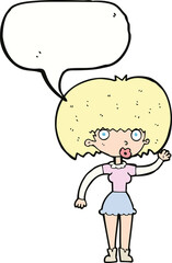 cartoon woman waving with speech bubble