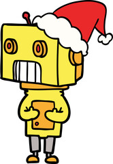 line drawing of a robot wearing santa hat