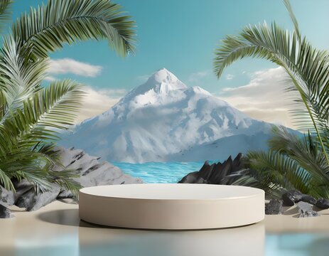 Empty space podium stage with white floor nature decoration and mountain ocean view 3d image render