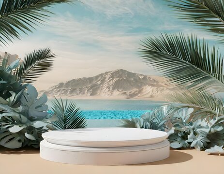 Empty space podium stage with white floor nature decoration and mountain ocean view 3d image render