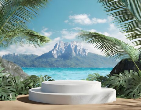 Empty space podium stage with white floor nature decoration and mountain ocean view 3d image render