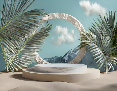Empty space podium stage with white floor nature decoration and mountain ocean view 3d image render