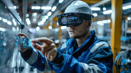 An engineer using augmented reality glasses to visualize and interact with 3D models in a high-tech manufacturing plant, wearable technology, with copy space