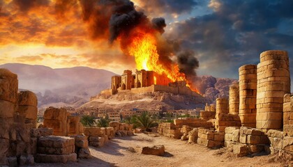 Sodom and Gomorrah Burning. Story in Genesis in the Bible. God Burns Sodom. - obrazy, fototapety, plakaty