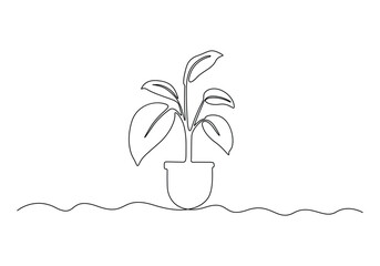 Continuous single line drawing of house plant in a pot vector illustration