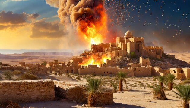 Sodom and Gomorrah Burning. Story in Genesis in the Bible. God Burns Sodom.