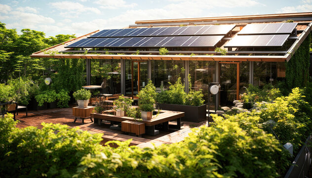 Solar panels installed on the roof of a house with a terrace