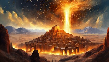 Sodom and Gomorrah Burning. Story in Genesis in the Bible. God Burns Sodom. - obrazy, fototapety, plakaty