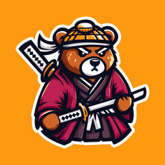 vector bear samurai mascot logo with orange background