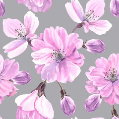 Watercolour Sakura spring flowers illustration seamless pattern. Seasonal Cherry blossom. Hand-painted. Botanical Floral elements. On silver background. For interior print decoration, fabric, wrapping