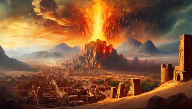 Sodom and Gomorrah Burning. Story in Genesis in the Bible. God Burns Sodom.