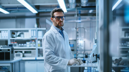 A scientist in a lab coat analyzing environmental data collected from a wearable air quality monitor, in a modern research facility, wearable technology, with copy space