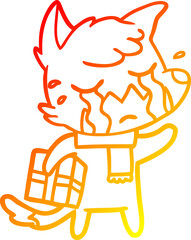 warm gradient line drawing crying christmas fox cartoon