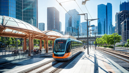 modern tram in futuristic city advance train open air train station - obrazy, fototapety, plakaty