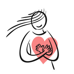 Young woman hugs and presses to her chest a big red heart with love, Simple line hand drawn illustration, Vector doodle, Body care, self hugging, charity, kindness, Mental health, Peace of mind