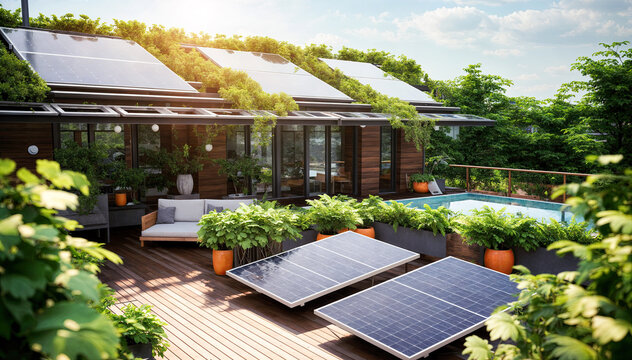 Solar panels installed on the roof of a house with green plants.