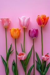 Six tulips stand in a row against a pink wall, creating a visually pleasing linear effect
