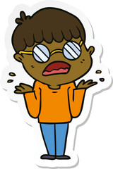 sticker of a cartoon confused boy wearing spectacles