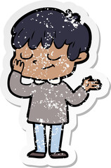 distressed sticker of a cartoon happy boy