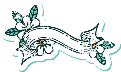 distressed sticker tattoo style icon of a banner and flowers