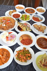 popular yummy indonesia spicy malay halal food menu curry chicken, rendang beef, asap fish, fried vegetable, begedil potato, chilli sambal achar, egg cuisine for restaurant dining