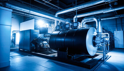 Fototapeta premium Large industrial air conditioning unit with blue ambient lighting