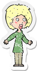 retro distressed sticker of a cartoon surprised woman