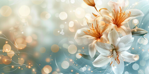 White Blossoms and Bokeh Lights on Blue Background Creating a Serene and Enchanting Floral Scene