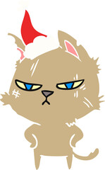 tough flat color illustration of a cat wearing santa hat