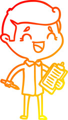 warm gradient line drawing cartoon laughing man with clip board