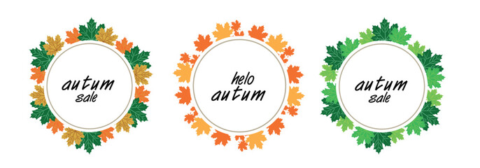 Fall sale illustration set, graphic element for designer, logo, sticker, sign and symbol, frame, jar sticker, label magnet, logo, fall leaves, maple tree