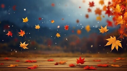 Naklejka na ściany i meble Autumn landscape and background with autumn maple leaves flying and falling. Autumn season wallpaper created with generative ai.