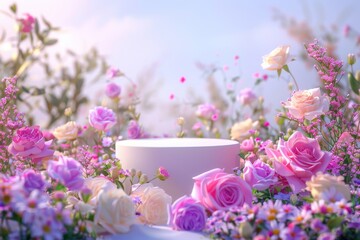 Podium background flower rose product pink 3d Garden rose floral summer background podium cosmetic valentine easter field scene gift purple day romantic spring Blossom beauty stand display nature.