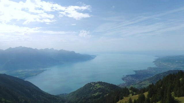 Summer in the Swiss Alps, Panoramic Mountain Drone Shot over Leman Lake, Montreux Riviera, from Rochers-de-Naye, Switzerland
