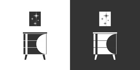 Furniture icon. Nightstand and poster. Interior icon on black and white background. Flat design