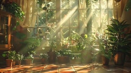 5w a sunlit room with potted plants on the floor, in the style of detailed dreamscapes, lush scenery, sunrays shine upon it, rachel ruysch, realistic lighting, lively nature scenes, pentax espio mini  - obrazy, fototapety, plakaty