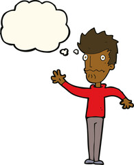 cartoon worried man reaching out with thought bubble