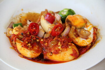 popular yummy indonesia spicy malay halal food menu curry chicken, rendang beef, asap fish, fried vegetable, begedil potato, chilli sambal achar, egg cuisine for restaurant dining