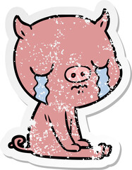 distressed sticker of a cartoon pig crying
