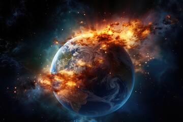 Obraz premium Fire planet burning in space. Global catastrophe concept illustration.