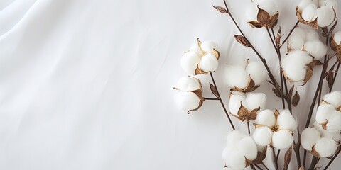 White cotton flowers on white cotton fabric background for sustainable fashion or organic products. Eco-friendly textile. Environmentally conscious choice.