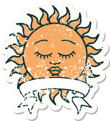grunge sticker with banner of a sun with face