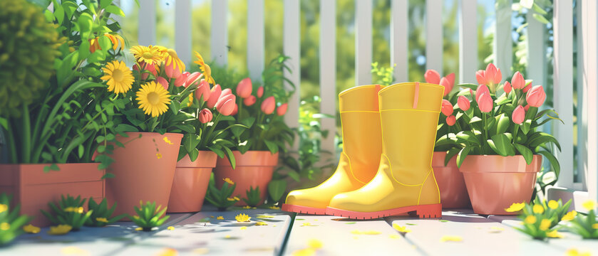 Yellow rubber boots standing on a wooden under-bridge with pots of flowers against a background of green grass and spring sunshine, panorama, gardening