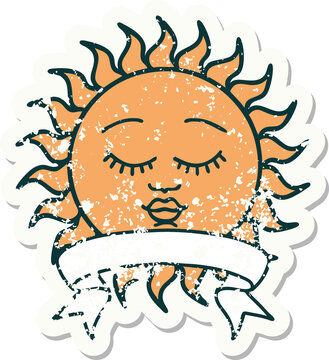 grunge sticker with banner of a sun with face