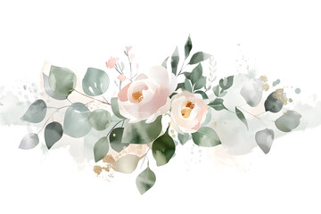 Watercolor floral bouquet with eucalyptus and pink gold  elements isolated on white background  - obrazy, fototapety, plakaty