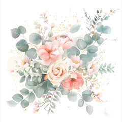 Watercolor floral bouquet with eucalyptus and pink gold  elements isolated on white background 
