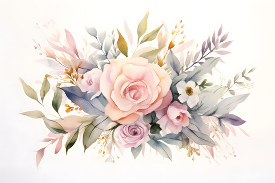Watercolor floral bouquet with eucalyptus and pink gold  elements isolated on white background 