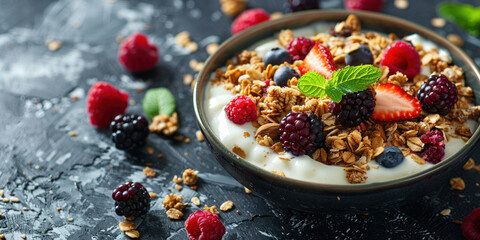 Healthy breakfast bowl with yogurt, mixed berries, and crunchy granola on a dark wooden table, top view